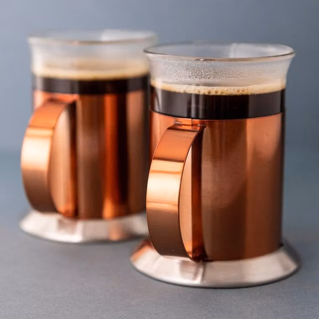 La Cafetire Set of 2 Copper-Effect Stainless Steel Coffee Cups in Copper and Yellow