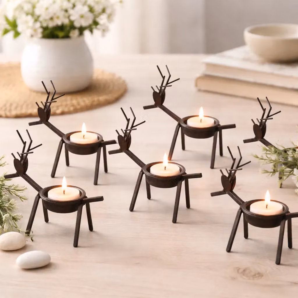 Marco Paul Set of 6 Metal Reindeer Tealight Candle Holders with Tealights, Brown Rustic Decor – 5