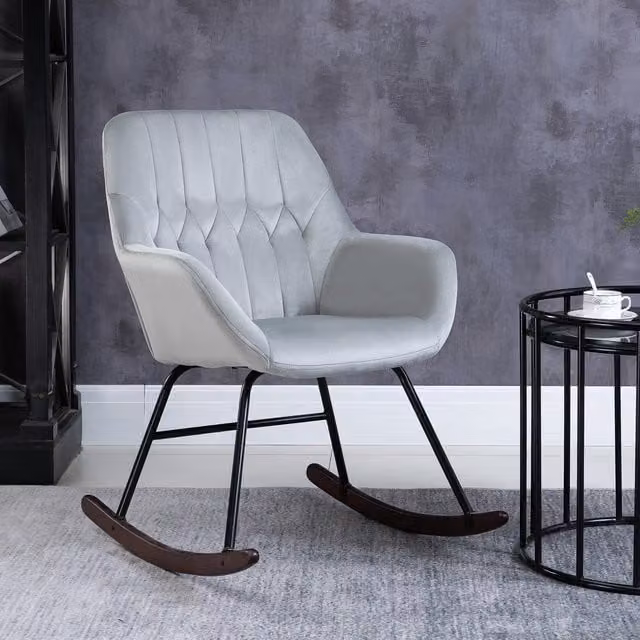HOMCOM Modern Tub Rocking Chair with Armrests and Foam Padding, Grey Fabric with Black Metal Frame