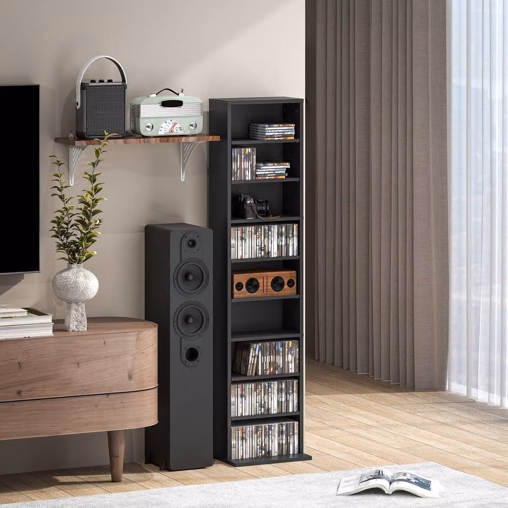 STILVORA Modern Media Storage Unit in Black with Adjustable Shelves and Media Compartments – 8