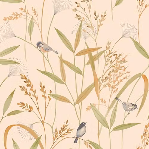 Grandeco Azuria Birds and Grasses Textured Wallpaper in Coral Blush Pink