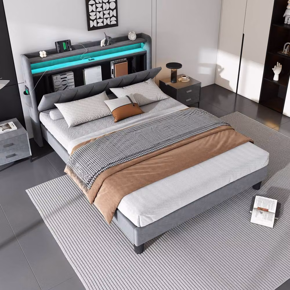 STILVORA Grey Upholstered Double Bed with LED Lighting, USB Charging Port and Under-Bed Storage, W/D/H: 140 x 190 x 135 cm – 3