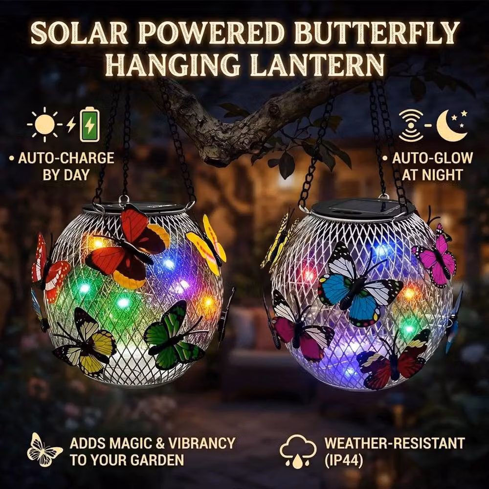 FORGEVIO 2-Piece Multicolour Hanging Butterfly Solar LED Pendant Lights with Dusk Sensor – 2