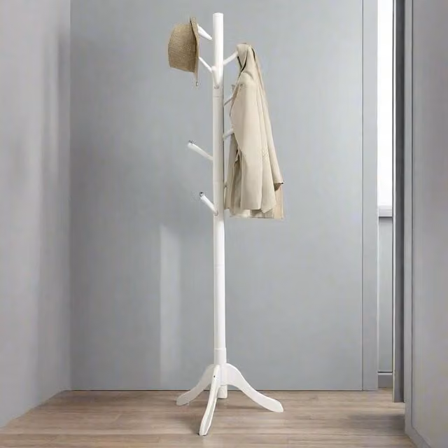 Modcraft Freestanding Rubberwood Coat Rack in White with 8 Hooks and Adjustable Height, H 175 x W 57 x D 40 cm