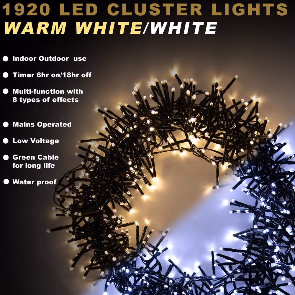 Shatchi 1920 LED Christmas Tree Cluster Lights in White and Multicolour with 8 Multifunction Modes – 3