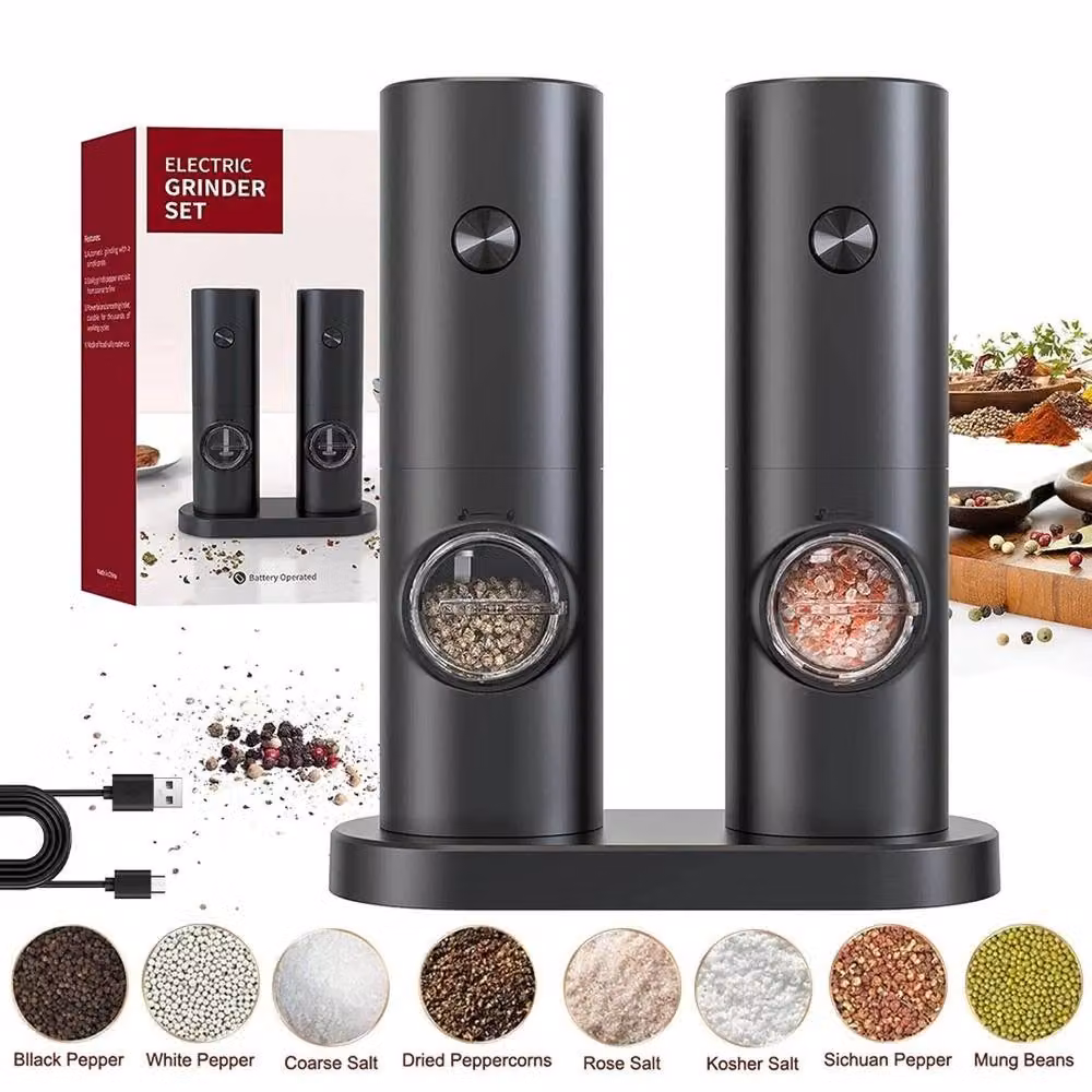 FLAVORA 2 Pack Electric Salt and Pepper Grinders with LED in Black – 5