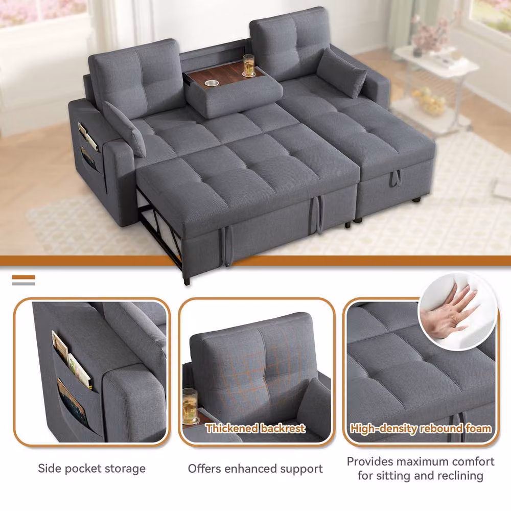 FENCHILIN Grey Fabric L-Shape Sofa Bed with Reversible Chaise, Pull-Out Sleeper, Cup Holder and Scatter Cushions – 3