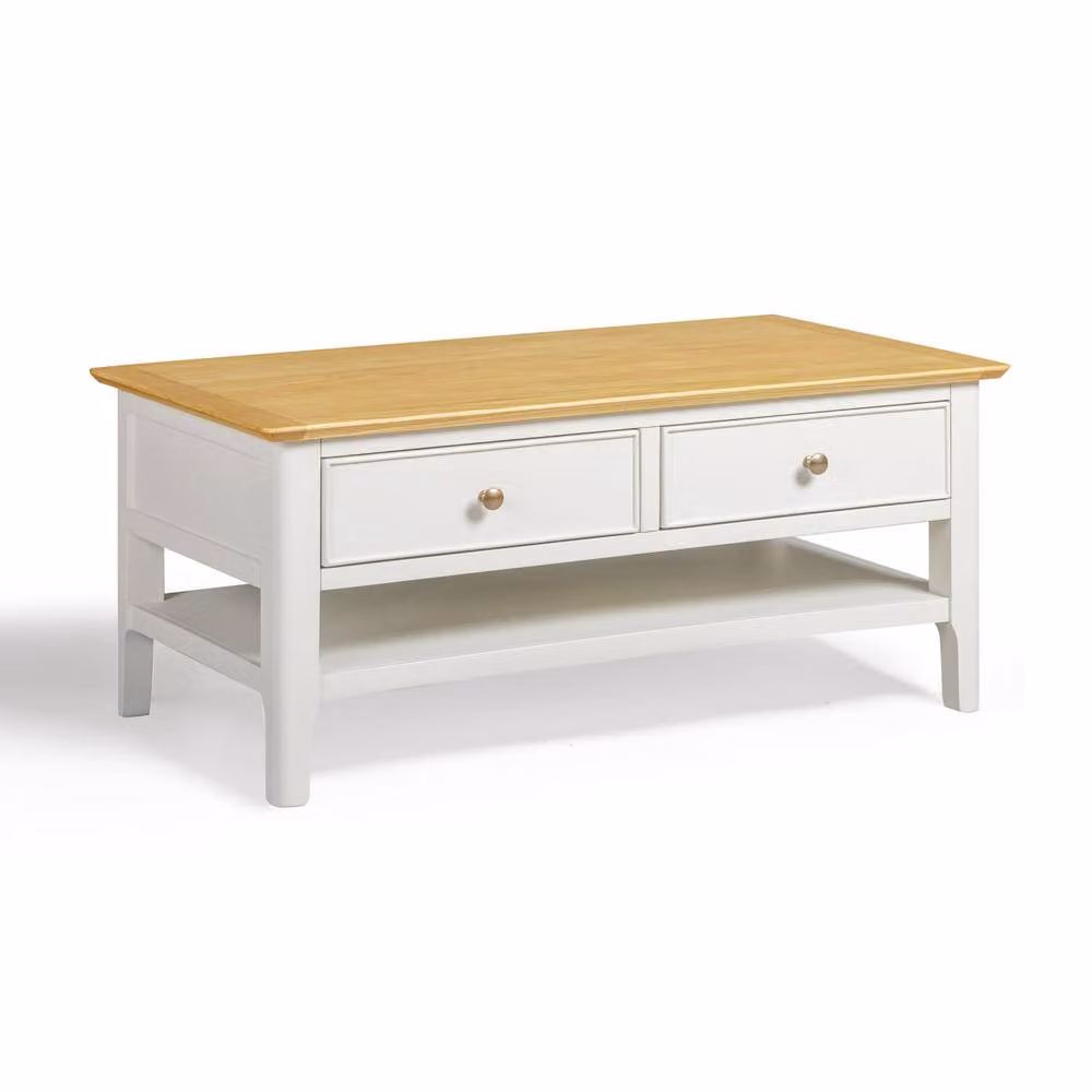 FurnitureboxUK Belle 2 Drawer Rectangular Solid Oak Wood and Cream Coffee Table – 2