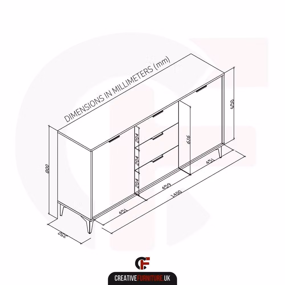 Creative Furniture Goldline Gloss Sideboard in Black and Gold, W: 140 cm, H: 80 cm, D: 35 cm – 6