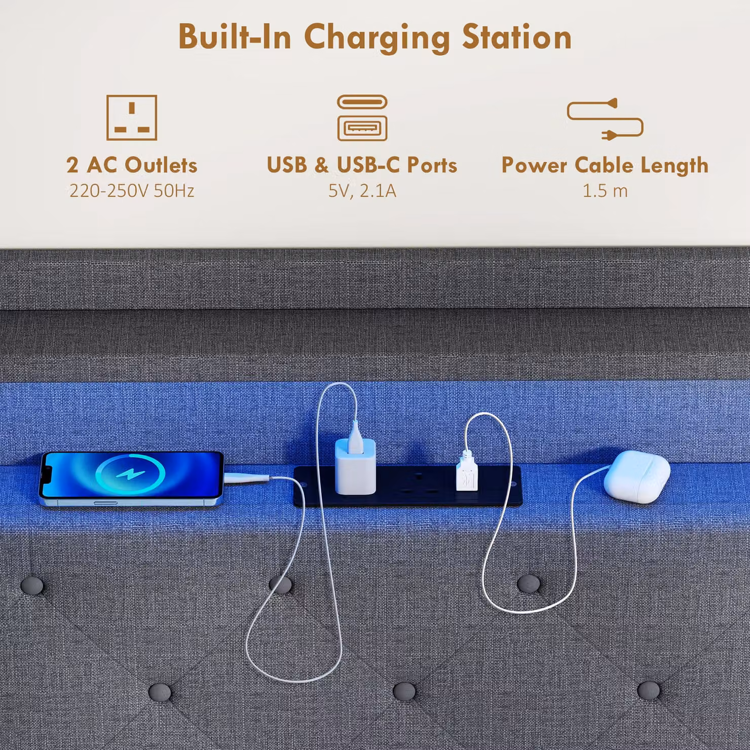 HOMCOM Upholstered Floating Double Bed Frame in Grey with RGB LED Lights, USB Charging Port and Side Compartments, W/D/H: 140 x 200 cm – 6