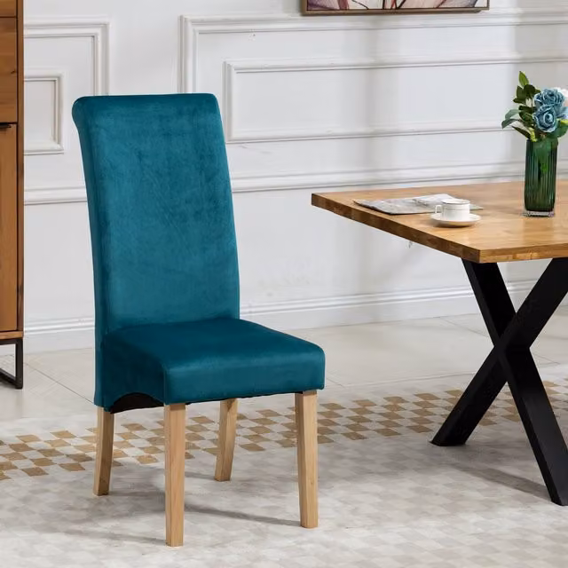 Artemis Home Set of 2 Rimini Modern Dining Chairs in Petrol Velvet Fabric with Wood Legs
