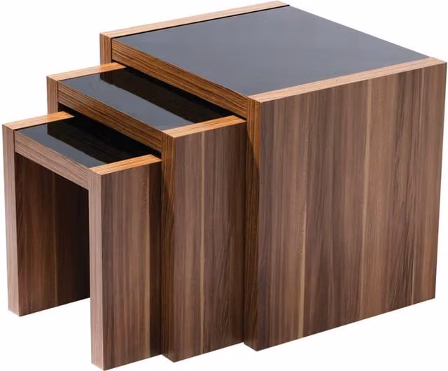 Orsina Modern Nest of 3 Wooden Tables with High Gloss Black and Brown Walnut Finish