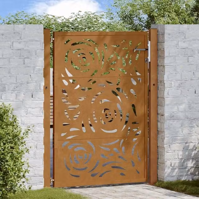 Berkfield Brown Weathering Steel Garden Gate with Flame Design, W: 105 cm, H: 130 cm – 1