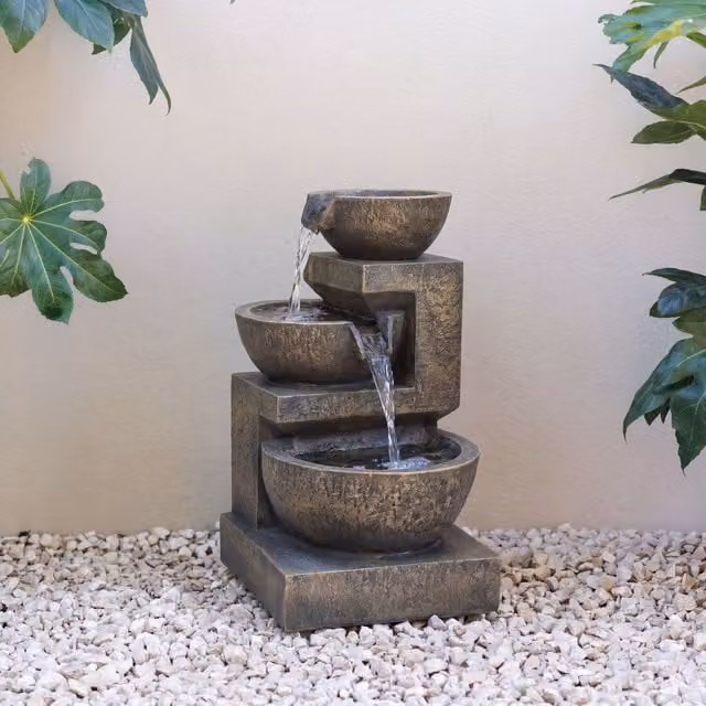 Primrose Kendal 3 Tier Cascading Water Feature with Lights in Brown, Height: 48 cm