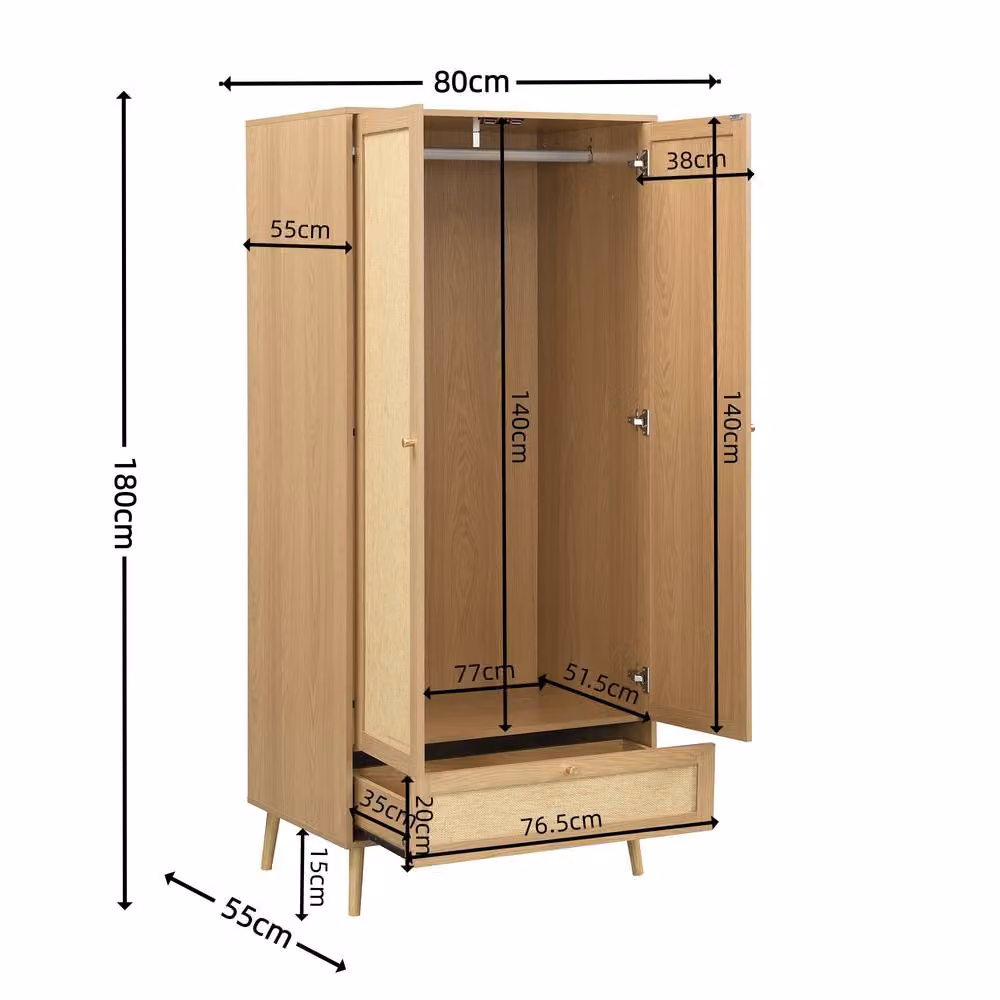 Merax Natural Oak 2 Door Double Wardrobe with Rattan Effect and Integrated Drawers, W: 80 cm, D: 55 cm, H: 180 cm – 3