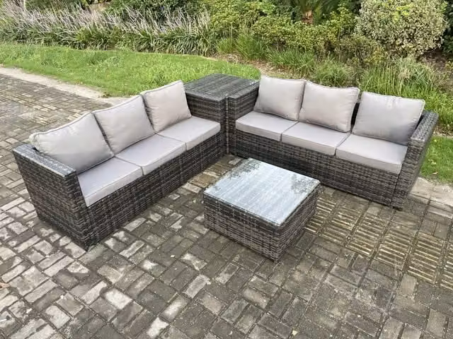 Fimous 6 Seater Rattan Garden Furniture Set with Square Coffee Table and Side Table in Dark Grey