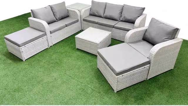 Fimous 8-Seater PE Rattan Patio Sofa Set in Light Grey with Reclining Chairs, U-Shape 3-Seater Sofa, Ottoman, and Tempered Glass Coffee Table