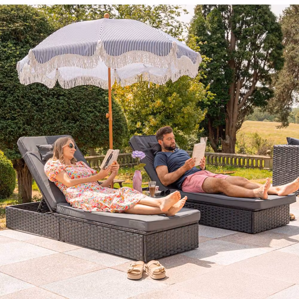 Furniture Maxi Vancouver Black Polyrattan Sun Lounger Set with Adjustable Headrest and Side Tray – 2