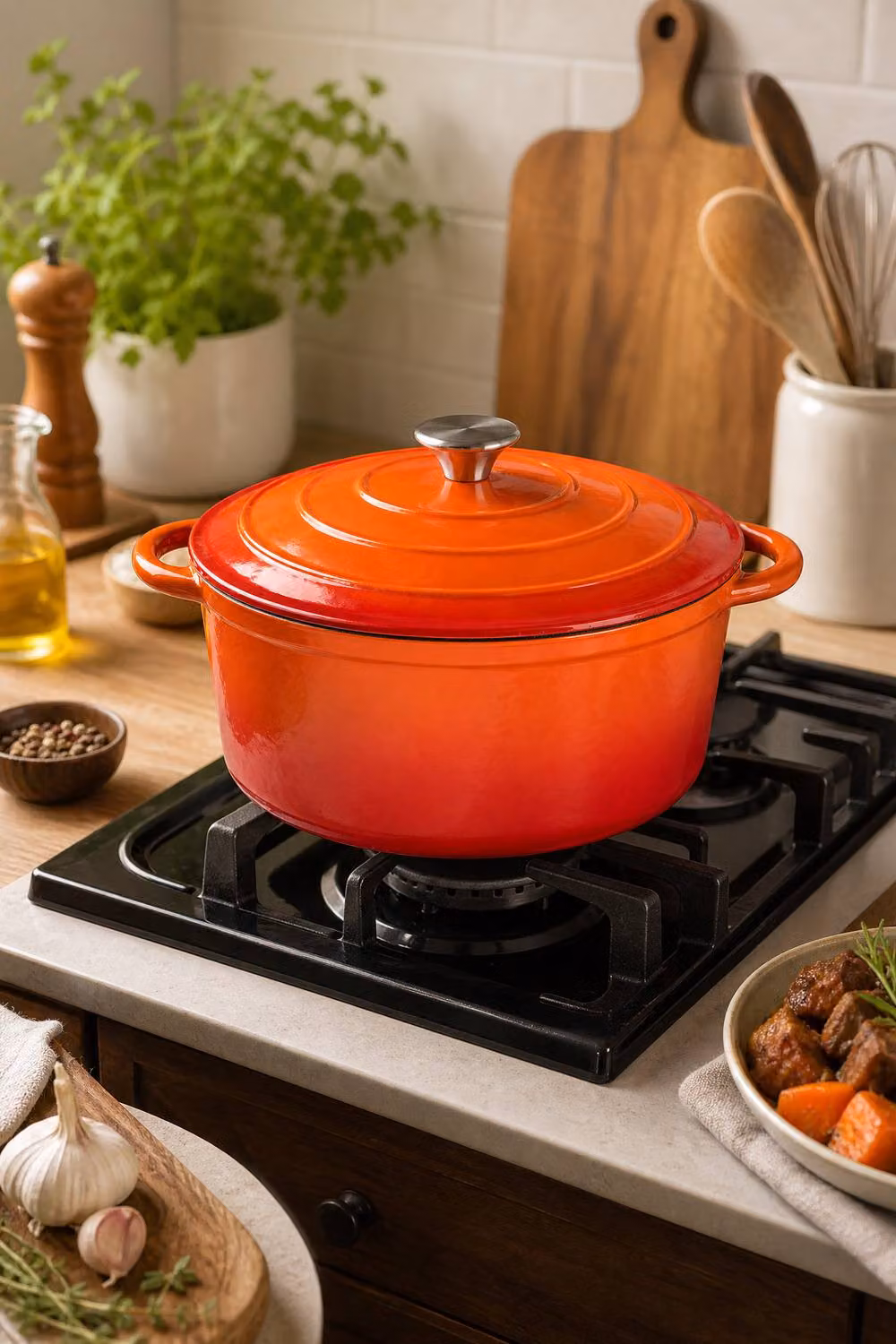 Garden Sanctuary Orange Enamelled Cast Iron Dutch Oven Casserole Pot with Lid, 5 l – 2