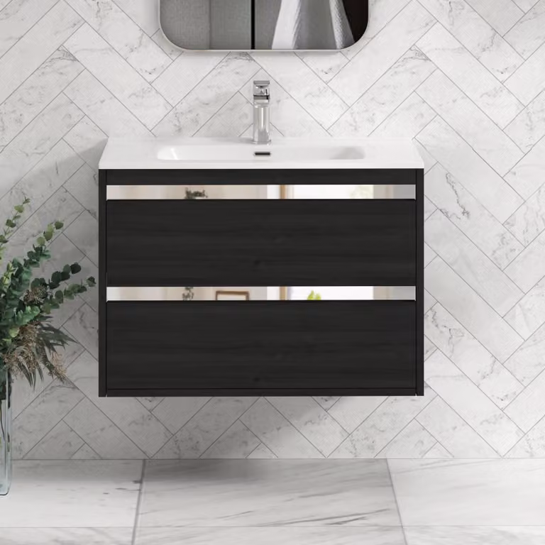 Royal Bathrooms Orion 800mm Wall Hung 2 Drawer Vanity Unit in Hale Black with Ceramic Basin and Chrome Accent Trim