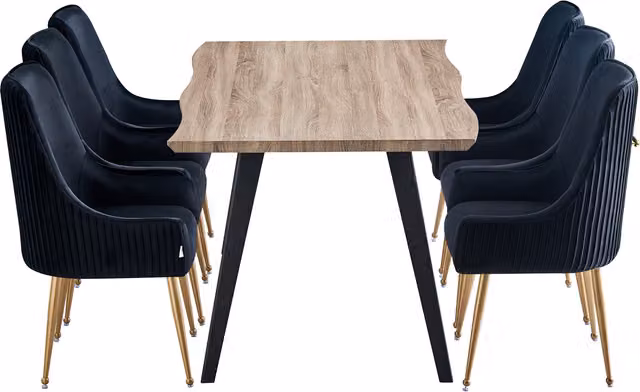 Soho Rocco LUX Modern Rectangular Wood Dining Set with 6 Upholstered Chairs in Black and Gold