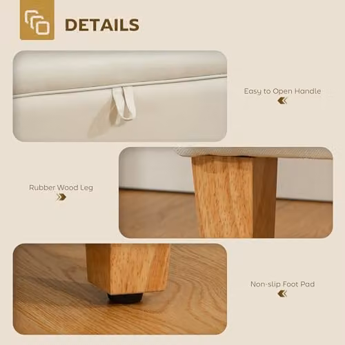 HOMCOM Beige Linen Storage Ottoman with Padded Top and Rubberwood Legs – 4