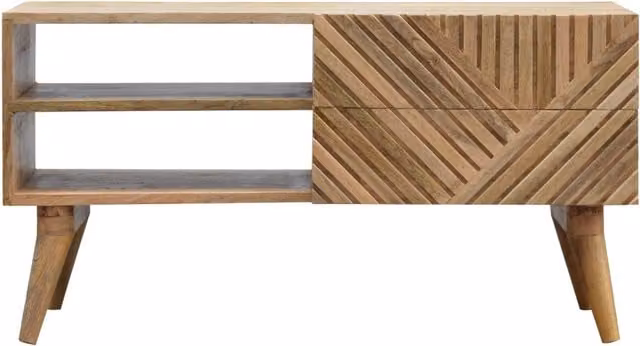 KDMK Line Carving Mango Wood Media Unit with Open Slot in Orange and Brown