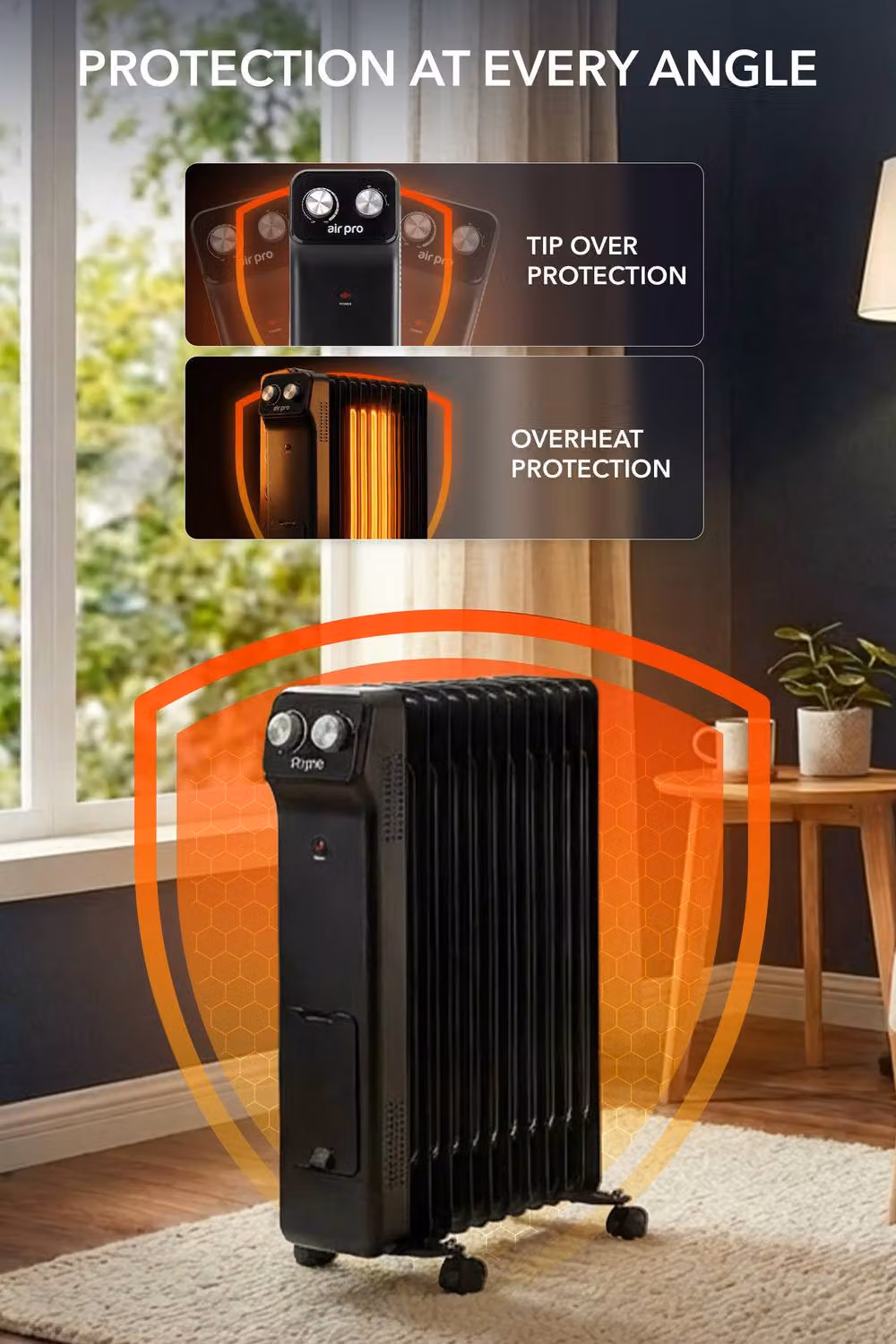 Air Pro 2500W Oil-Filled Electric Radiator in Black with Adjustable Thermostat and Overheat Protection – 5