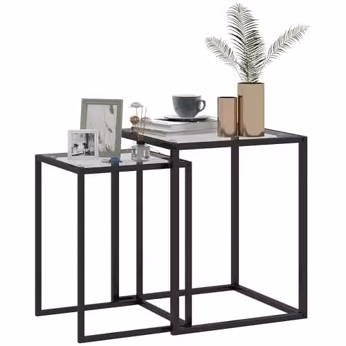 HOMCOM Nesting Tables Set of 2 with Tempered Glass Tops and Steel Frame, Black – 1