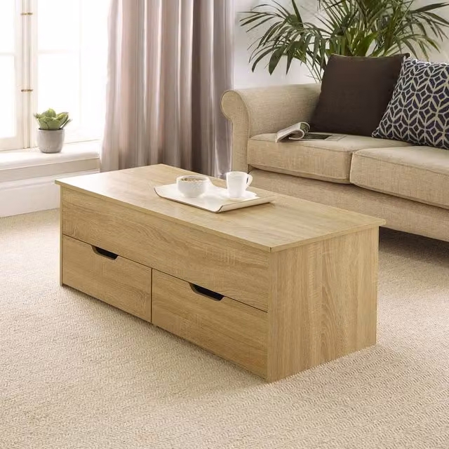Havendro Modern Rectangular Wooden Coffee Table in Light Oak with Lift Mechanism and 2 Drawers W/D/H: 115 x 50 x 40 cm – 1