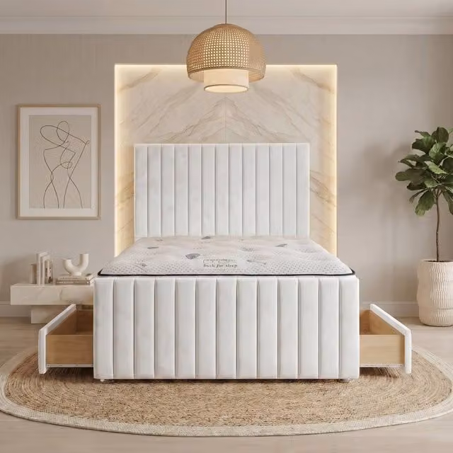 Somnior Eleanor White Velvet Upholstered Hybrid Divan Bed with 4 Drawers and Mattress, W/D/H: 180 x 200 cm