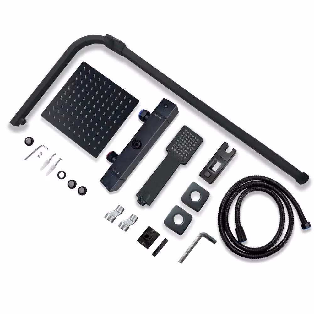 Hinsinc Luxury Thermostatic Twin Head Square Shower Set with Overhead Shower and Wall Bar in Matte Black, W: 52 cm – 4