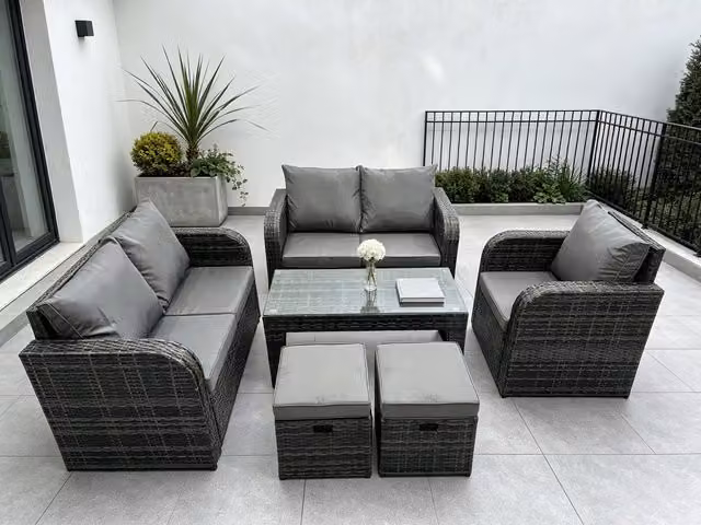 Fimous Grey PE Rattan 7 Seater Outdoor Garden Furniture Set with Upholstered High Back Reclining Sofa, Coffee Table and Ottomans
