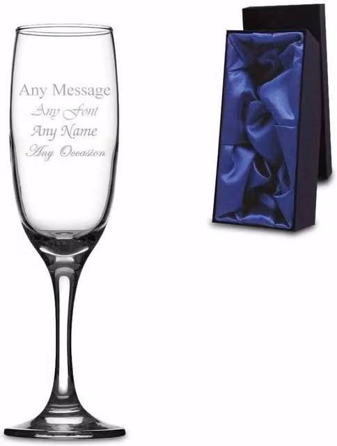 Uniqueful Personalised Champagne Flute in Clear Glass with Blue Satin Lined Gift Box