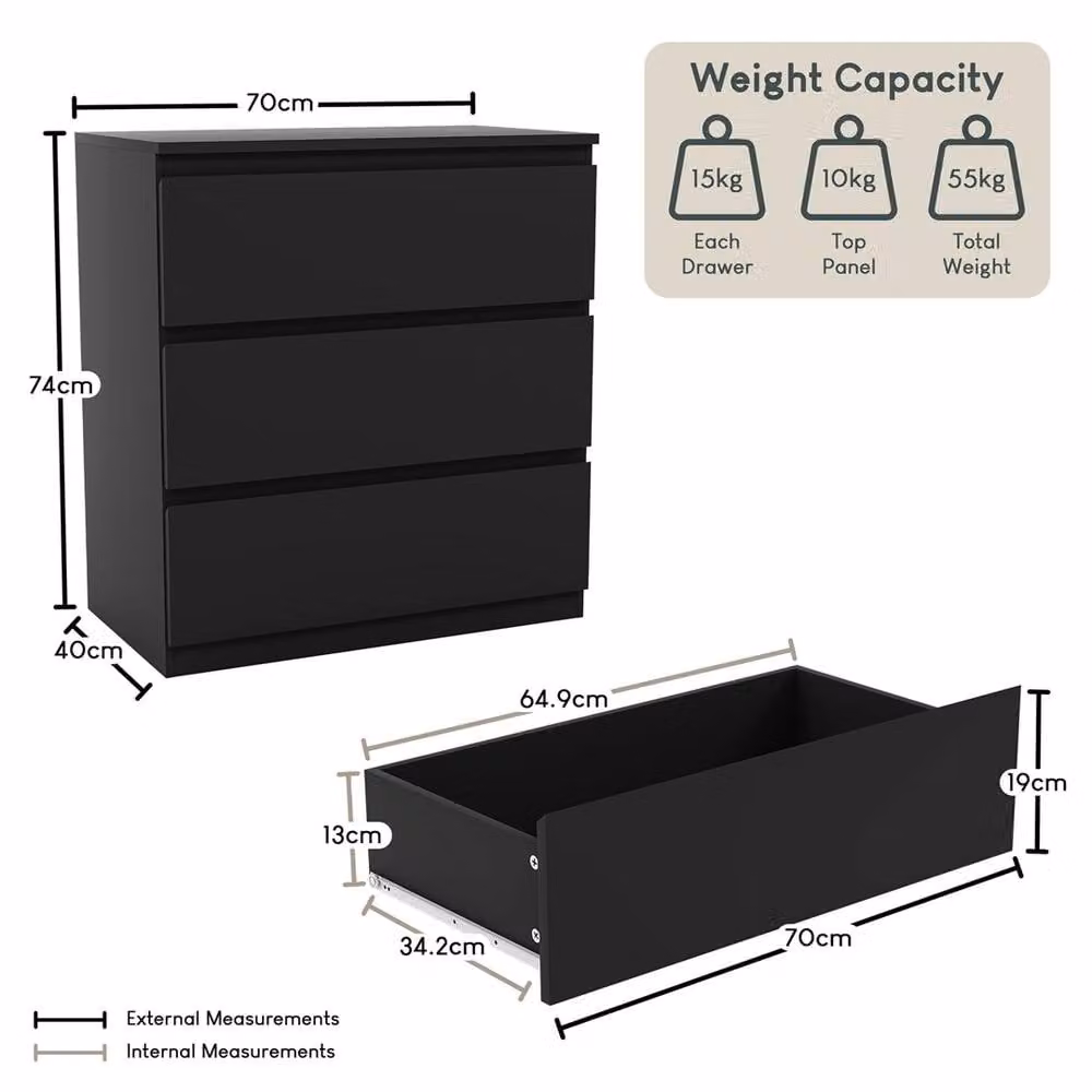 PAWNORA 3 Drawer Chest of Drawers in Black – 2