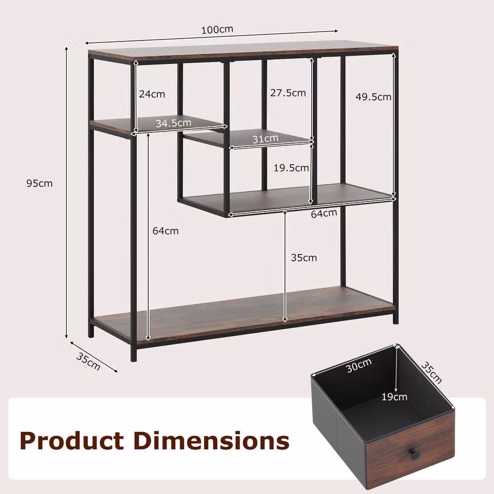 Costway Brown Console Table with Drawer and 4-Tier Display Shelf, Width: 100 cm – 2