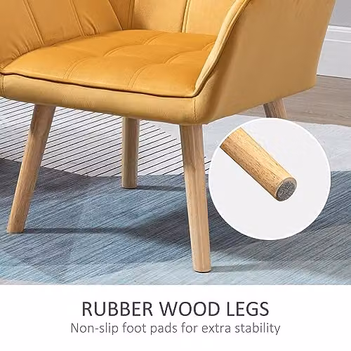 HOMCOM Set of 2 Modern Velvet Accent Armchairs with Metal Frame and Rubberwood Legs in Yellow – 4