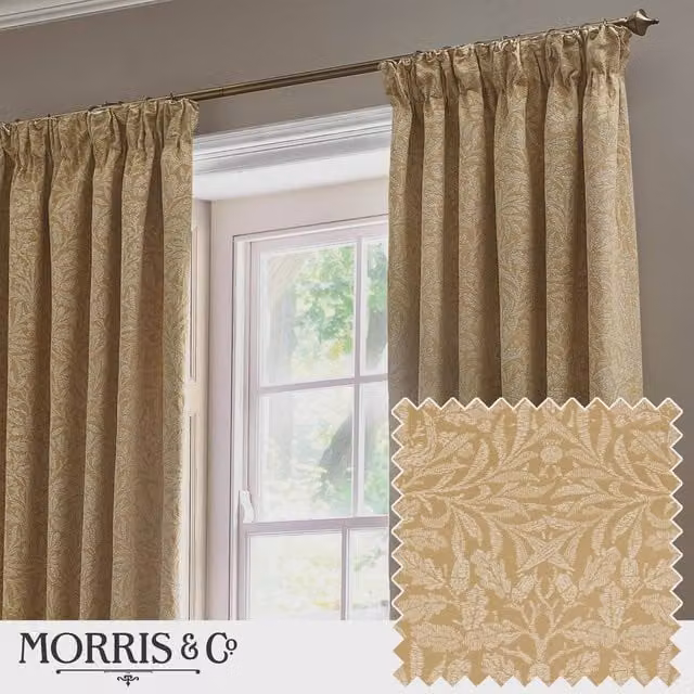 Morris & Co Acorn Tonal Matt Jacquard Pencil Pleat Curtains in Gold, Width: 229 cm, Drop: 137 cm