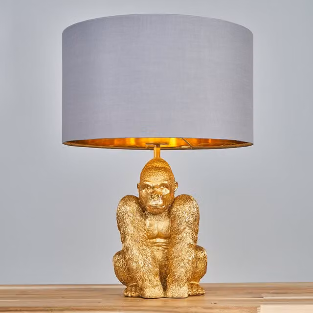 ValueLights Sitting Gorilla Table Lamp in Gold/Brass, Height: 48 cm