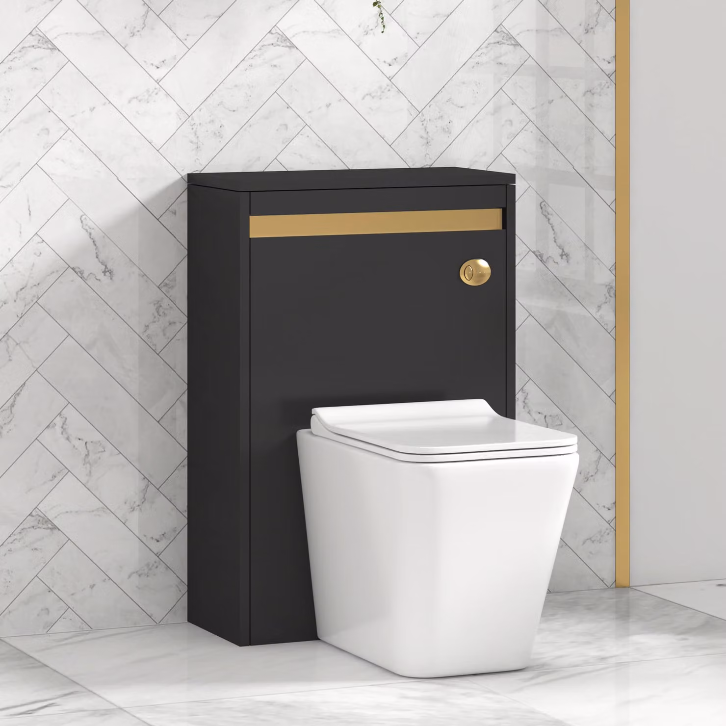 Royal Bathrooms Orion Matt Obsidian Black WC Unit with Elena Rimless Ceramic Toilet Pan, Slim Soft Close Seat and Cistern with Brushed Brass Accent Trim, W: 54 cm