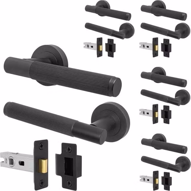 AFIT Matt Black Aluminium Door Handle and Latch Set, 5 Pack, W/D/H: 15 x 15 x 15 cm – 1