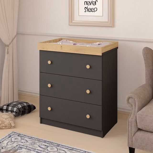 Shefa Kids Convertible Baby Changing Dresser with 3 Drawers and Changing Mat, Oak