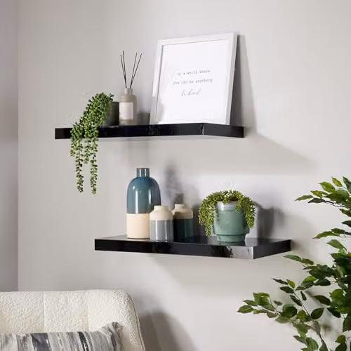 Home Source Pair of 2 Black Gloss Floating Wall Mounted Wooden Storage Shelves, W: 60 cm, D: 23.5 cm, H: 38 cm – 1