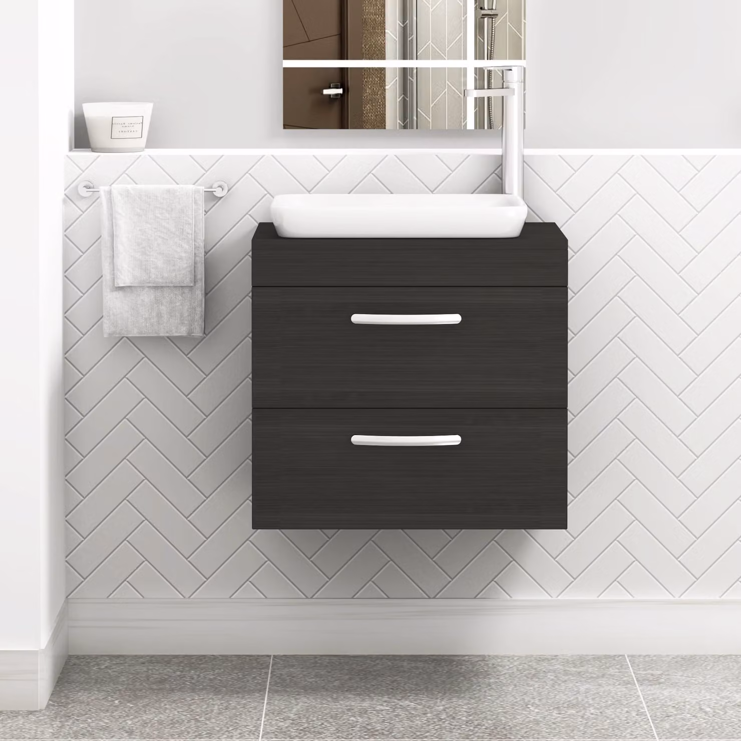 Royal Bathrooms Turin 600mm Wall Hung Vanity Unit with 2 Drawers and Countertop Basin in Charcoal Oak and Anthracite Grey