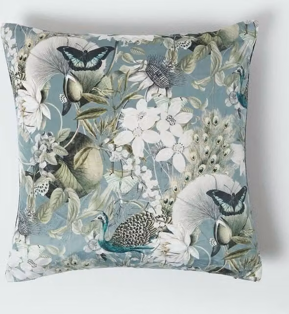 Homescapes Grey and Black Butterfly Reversible Velvet Floral Cushion with Microfibre Insert, 46 x 46 cm