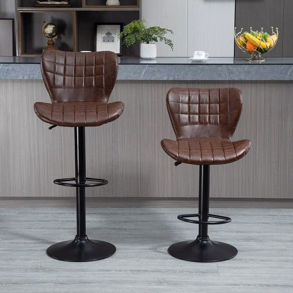 FORGEVIO Set of 2 Adjustable Height Swivel Bar Stools in Brown PU Leather – 5