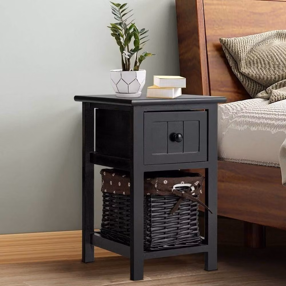 Havendro Set of 2 Black Nightstands with Removable Rattan Baskets – 3