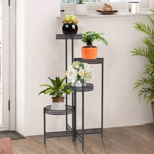 EONLION 4 Tier Black Lacquered Metal Plant Stand
