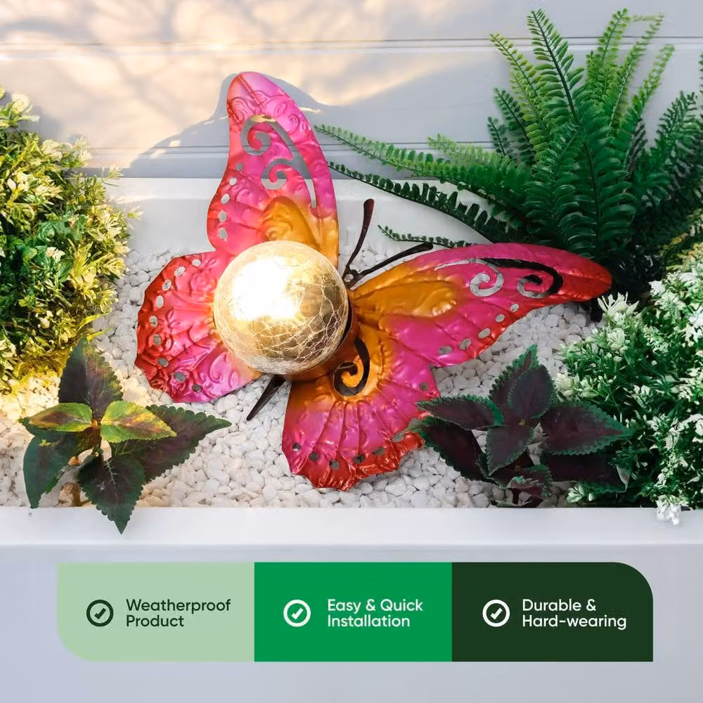 Gardenwize Solar Metal Sunset Butterfly Garden Light with Pink LED Crackle Glass Ball – 3