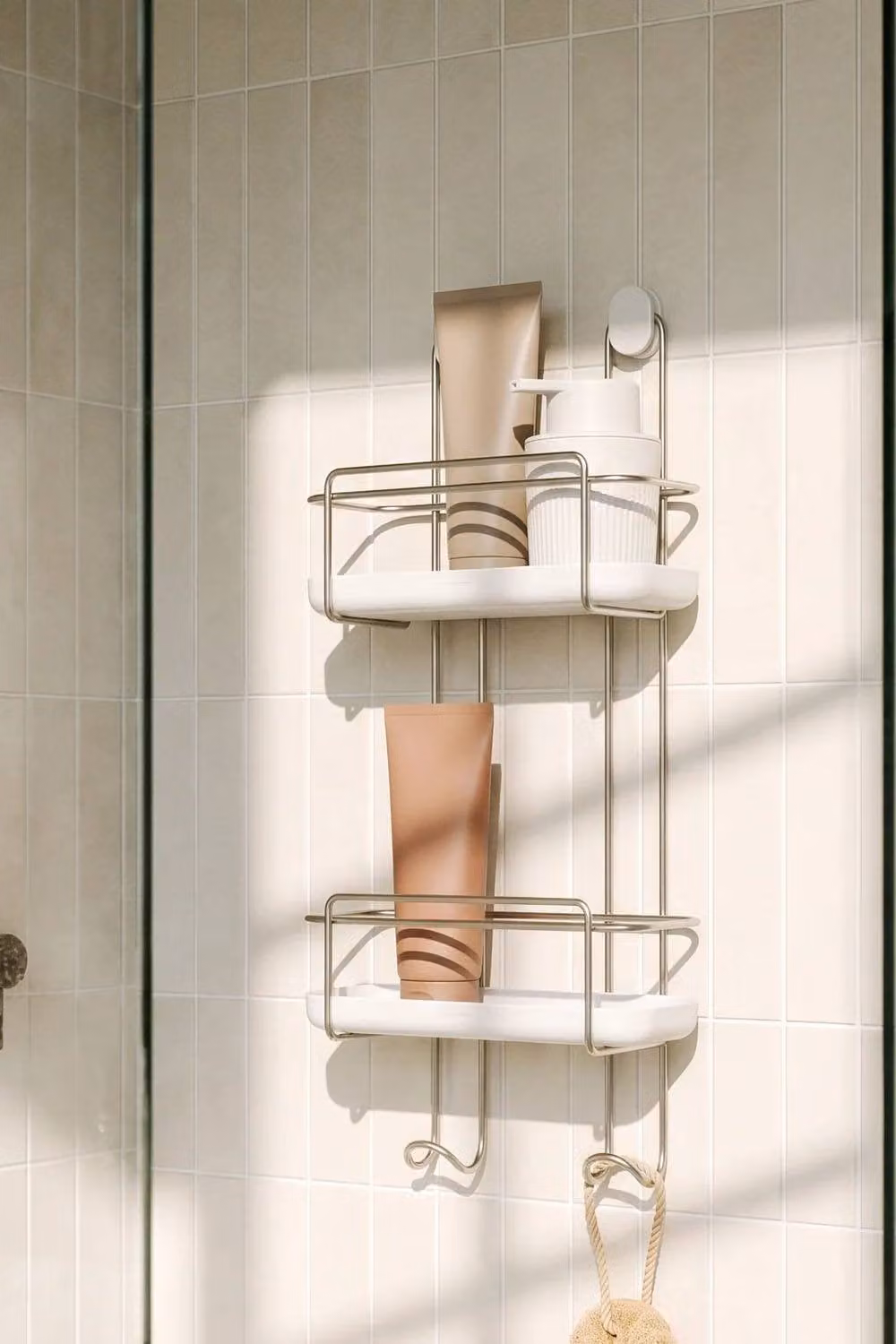 ReBorn Two-Tier Screw-in Wall Mounted Shower Caddy in White Stone and Stainless Steel with Drainage and Hooks – 2